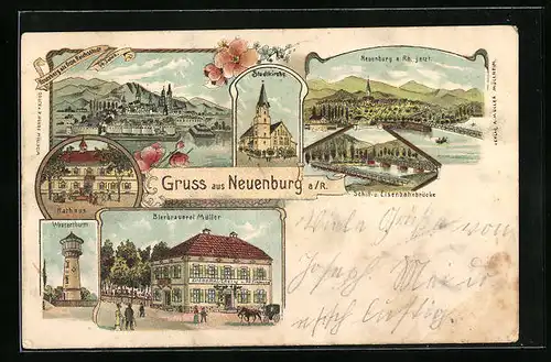 Lithographie Neuenburg a. R., Gesamtansicht mit Schiff- und Eisenbahnbrücke und Bierbrauerei Müller