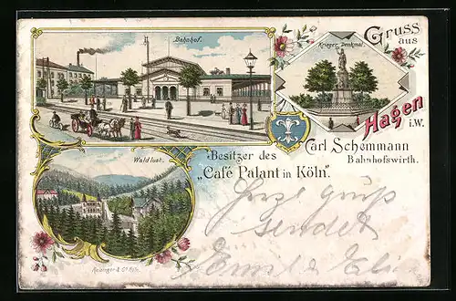 Lithographie Hagen i. W., Bahnhof mit Krieger-Denkmal