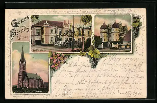AK Hörnitz b. Zittau, Gasthof mit Schloss und Kirche