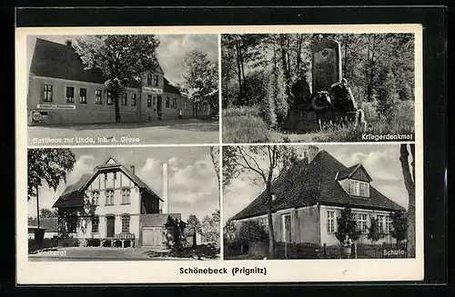 AK Schönebeck b. Prignitz, Gasthaus zur Linde mit Kriegerdenkmal