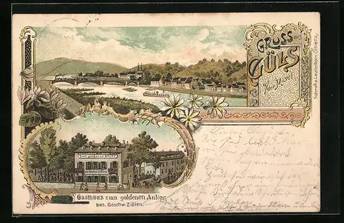 Lithographie Güls a. d. Mosel, Totalansicht mit Gasthaus zum goldenen Anker