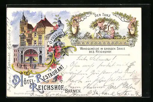 Lithographie Barmen, Hotel-Restaurant Reichshof mit Wandgemälde im grossem Saale