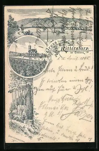 Vorläufer-Lithographie Koblenz, Rittersturz mit Uferpartie 1895