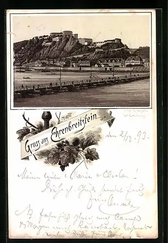 Vorläufer-Lithographie Ehrenbreitstein, Totalansicht mit Uferpartie 1893