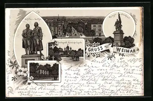 Vorläufer-Lithographie Weimar, Totalansicht mit Schiller und Goethe Denkmal 1895