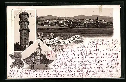 Vorläufer-Lithographie Löbau, Gesamtansicht mit Rathaus und König-Friedrich-August-Turm 1893