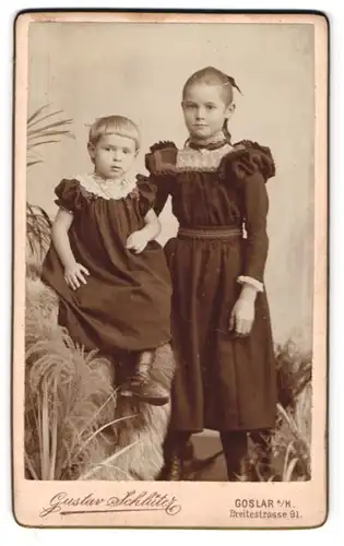 Fotografie Gustav Schlüter, Goslar a. H., Breitestr. 91, 2 junge Mädchen in eleganten Kleidern