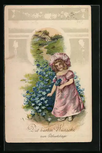 Präge-AK Glückwünsche zum Geburtstag, Mädchen mit Blumen