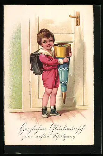 Künstler-AK Glückwünsche zum Schulanfang, Junge mit Schultüte