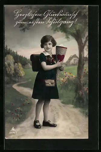 AK Glückwünsche zum Schulanfang, Mädchen mit Schultüte und Schulranzen