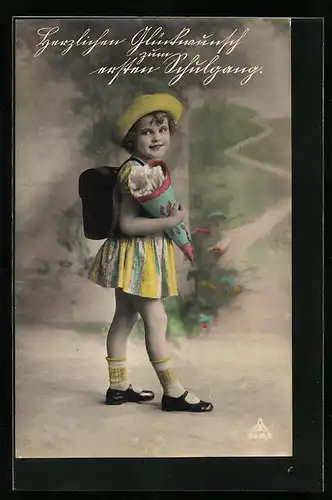 AK Glückwünsche zum Schulanfang, Mädchen mit Hut und Schultüte