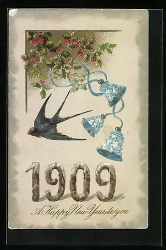 Präge-AK Glückliches Neujahr 1909 mit Glocken und Schwalbe