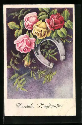 Künstler-AK Herzliche Pfingstgrüsse, Rosen mit Hufeisen