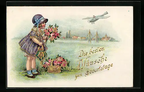 Präge-AK Geburtstagsglückwünsche eines kleinen Mädchens, Kunstflieger über dem See