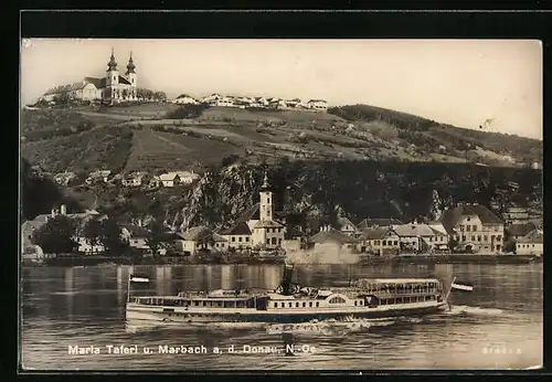 Künstler-AK Marbach a. D., Donaudampfer Erzherzog Franz Ferdinand mit Blick nach Maria-Taferl