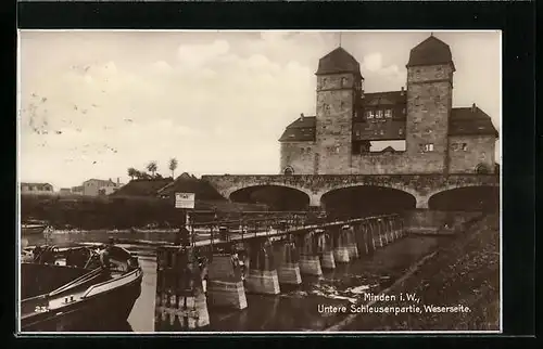 AK Minden i. W., Weserseite der unteren Schleusenpartie