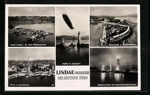 AK Lindau i. B., Fliegeraufnahme der Insel mit Zeppelin