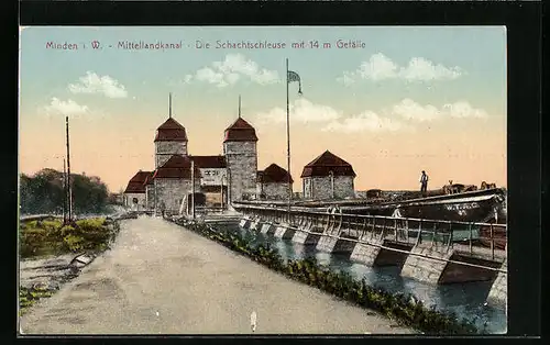 AK Minden i. W., Mittellandkanal, Die Schachtschleuse mit 14m Gefälle