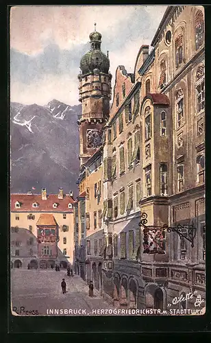 Künstler-AK Rudolf Preuss: Innsbruck, Herzogfriedrichstrasse mit Stadtturm