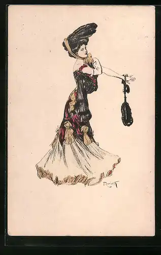 Künstler-AK Ferdinand von Reznicek: Elegante Dame mit Federhut und Täschchen am Handgelenk