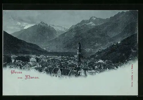 Mondschein-AK Meran, Ortsansicht mit Bergpanorama