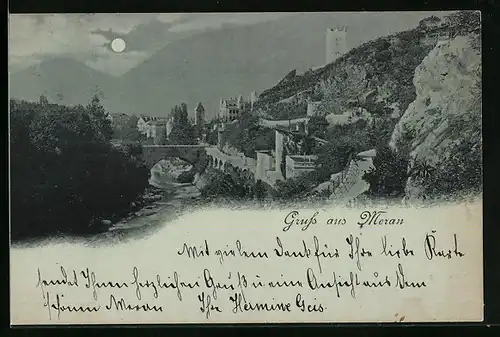 Mondschein-AK Meran, Teilansicht mit Brücke