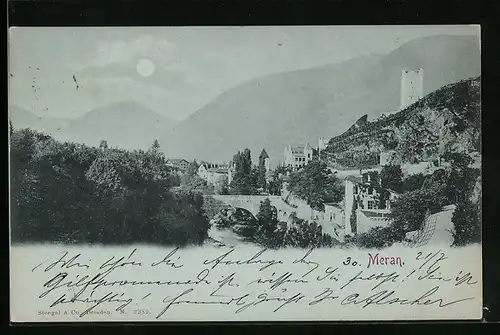 Mondschein-AK Meran, Teilansicht mit Bergkulisse und Burg