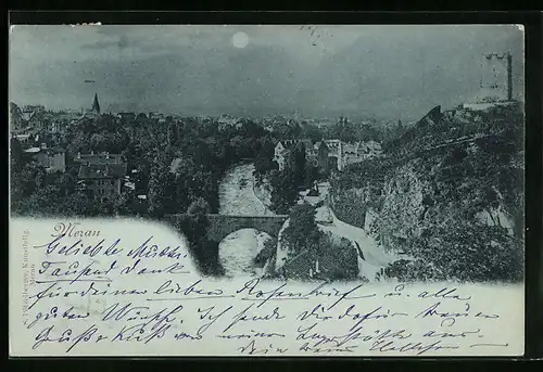 Mondschein-AK Meran, Teilansicht mit Passerbrücke