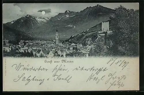 Mondschein-AK Meran, Ortsansicht mit Bergpanorama