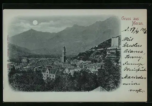Mondschein-AK Meran, Ortsansicht aus der Vogelschau
