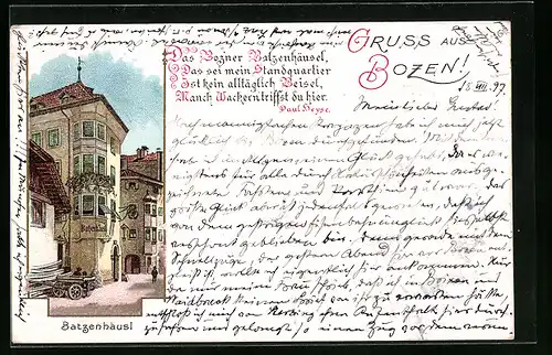 Lithographie Bozen, Batzenhäusl - Strassenansicht