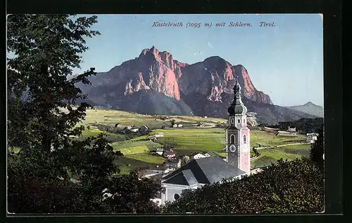 AK Kastelruth, Panorama mit Kirche und Schlern