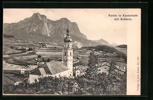 AK Kastelruth, Ortspartie mit Kirche und Schlern