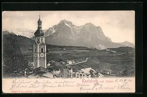 AK Kastelruth, Teilansicht mit Kirche und Schlern