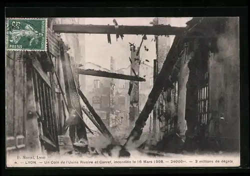 AK Lyon, Brand 1908 mit Trümmern