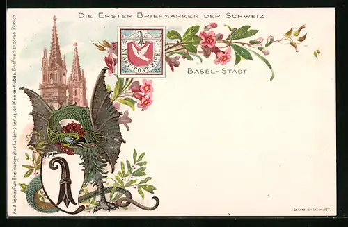 Lithographie Basel, Die ersten Briefmarken der Schweiz, Drache mit Wappen