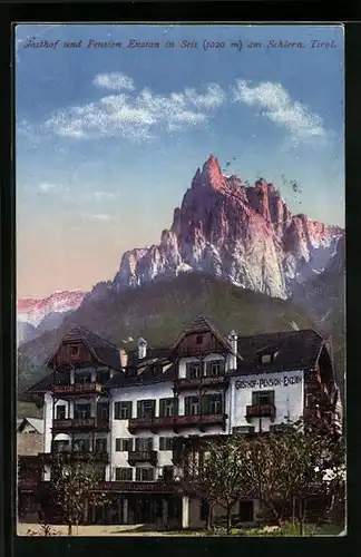 Künstler-AK Seis am Schlern, Gasthof und Pension Enzian mit Gebirgspanorama