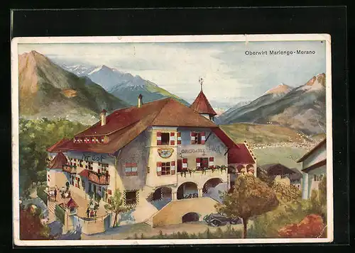 Künstler-AK Merano, Gasthaus Oberwirt Marlengo