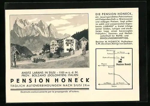 Künstler-AK Bolzano, Hotel-Pension Honeck
