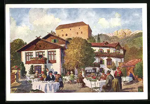 Künstler-AK Meran, Pension und Restaurant Schlosswirth mit Terrasse