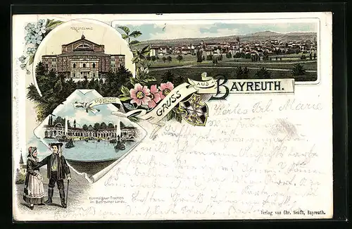 Lithographie Bayreuth, Festspielhaus, Eremitage, Hummelgauer Trachten