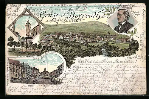 Lithographie Bayreuth, Jean Paul Denkmal, Marktplatz