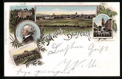 Lithographie Bayreuth, Villa Wahnfried, Jean Paul Denkmal, Wagnertheater