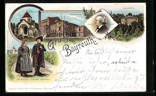 Lithographie Bayreuth, Liszt`s Grabkapelle, Wagnertheater, Villa Wahnfried