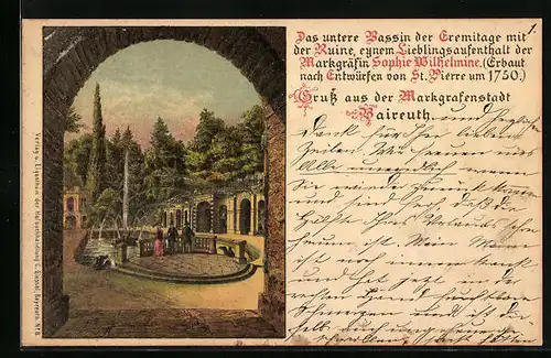 AK Bayreuth, Blick durch Torbogen auf Teichanlage mit Springbrunnen