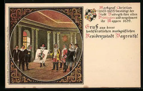 Lithographie Bayreuth, Markgraf Christian bei der Wappenvergrösserung