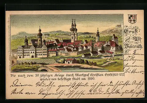 Lithographie Bayreuth, Histrorische Darstellung der neu befestigten Stadt um 1690