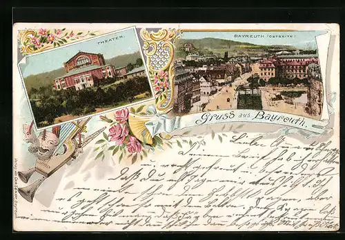 Lithographie Bayreuth, Ansicht von der Ostseite, Theater