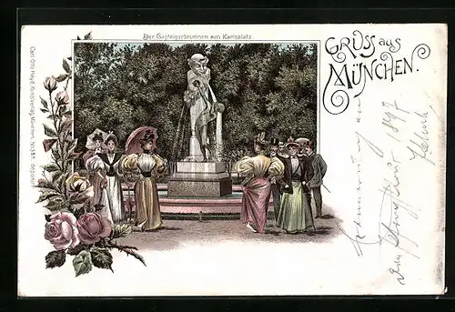 Lithographie München, Gasteigerbrunnen am Karlsthor