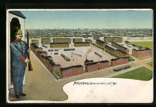 Künstler-AK München, Kaserne des I. Inf. Rgt. mit Wachsoldat vor Panorama der Stadt